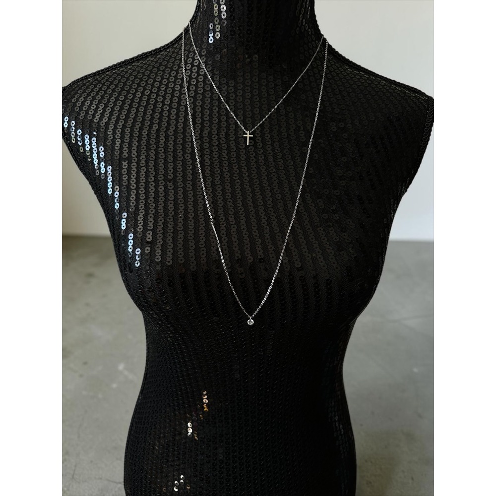 Long Layered 30" Necklace OS Silver Tone Cross Solitaire‎ Rhinestone